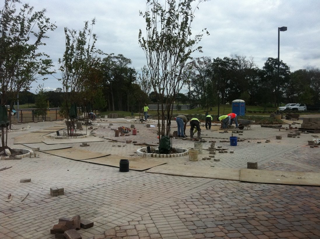 Crew setting unit pavers and tree rings on a plaza